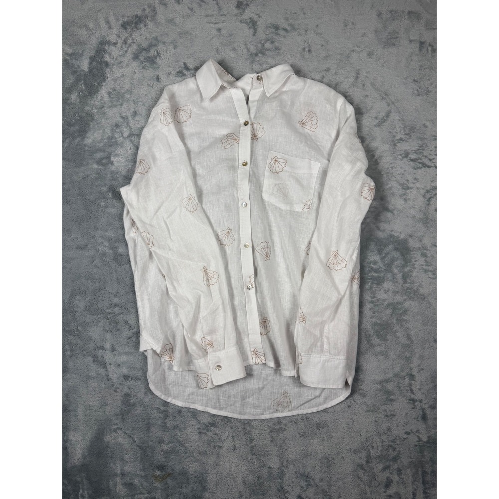 Rails Ellis White Linen Seashell Embroidered Button Down Shirt XS Rose Gold